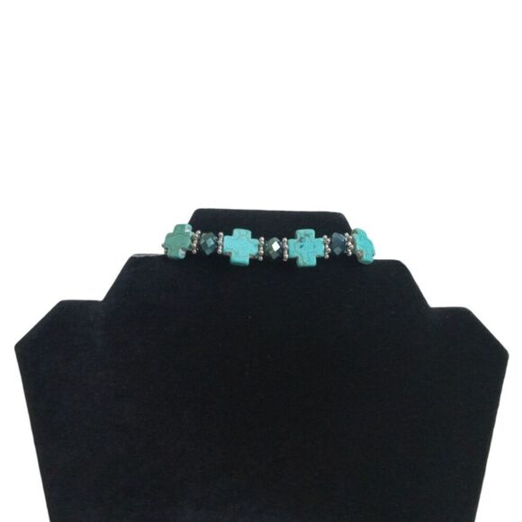 Turquoise Blue Colored Cross and Faceted Beads Elastic Stretch Fashion Bracelet - Picture 1 of 8